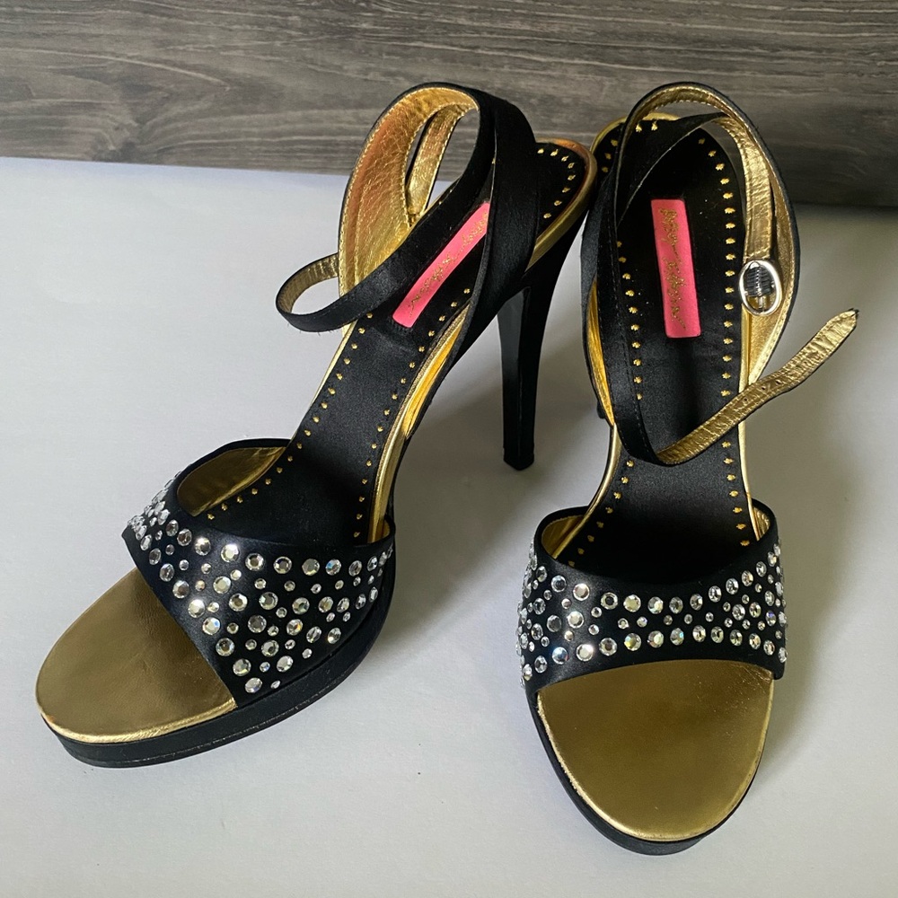 Black Betsey Johnson "Cristie" rhinestone heel sandals with w/strap, sz 10